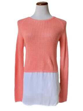 NWT Oh MG! Bright Coral Pink Sweater Knit Top Sheer Chiffon Trim Long Sleeve S
